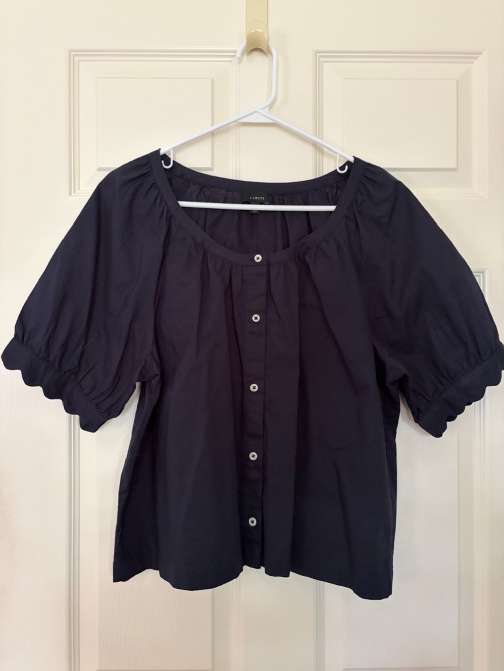 Talbots Navy Puff-Sleeve Button-Front Blouse